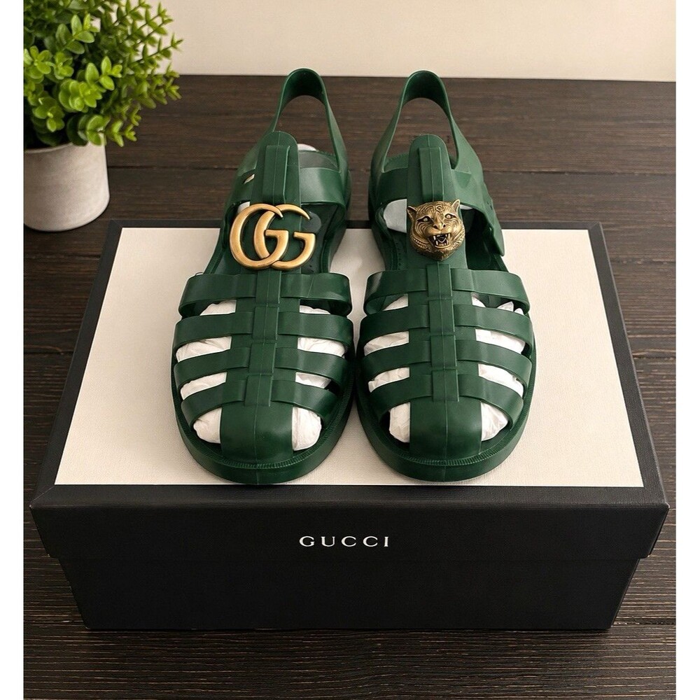Gucci Green Rubber Fisherman Sandals Double G Logo 463463 J8700 3020 US 10